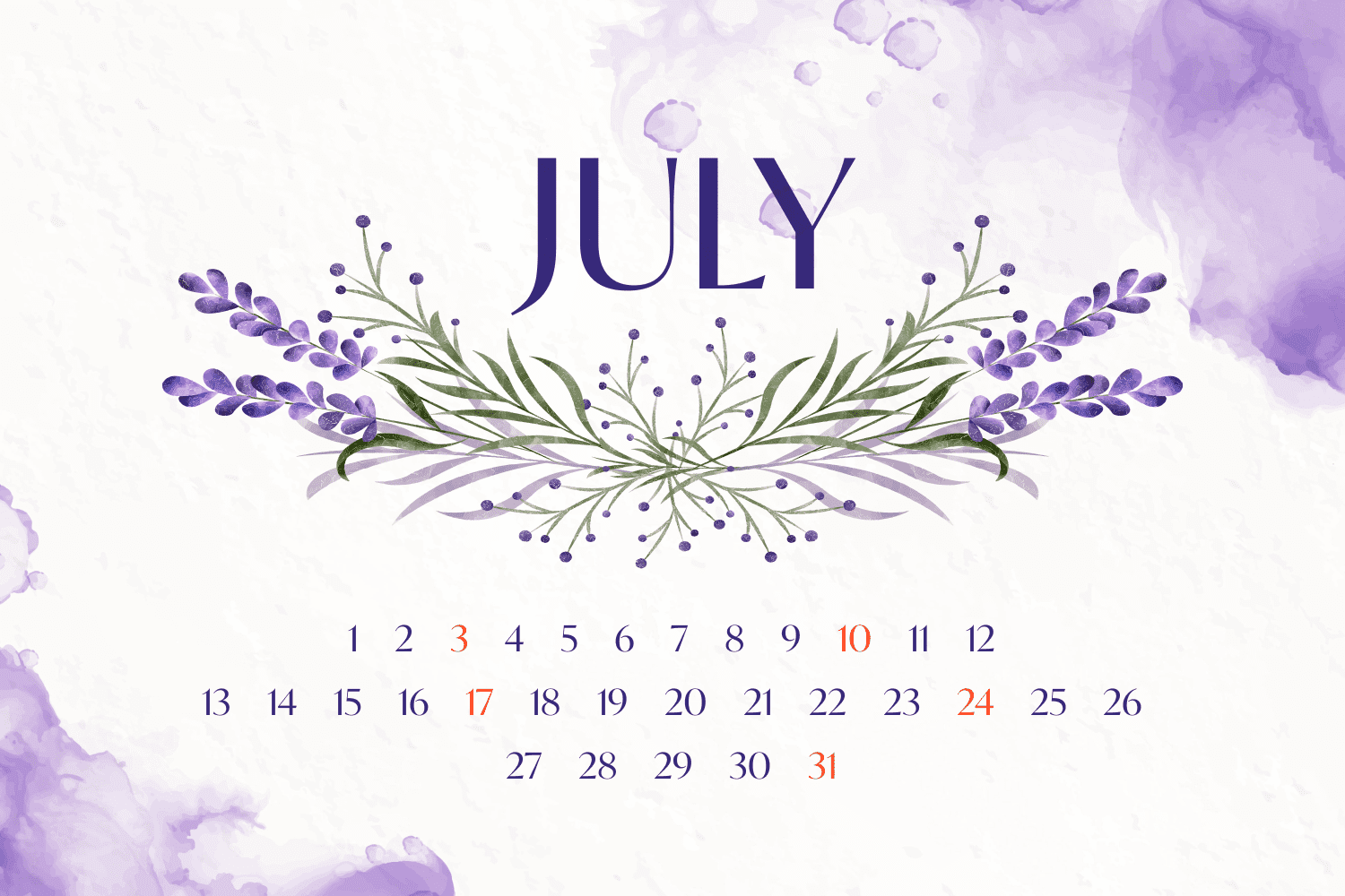 Calendar with lavender on white and purple background.