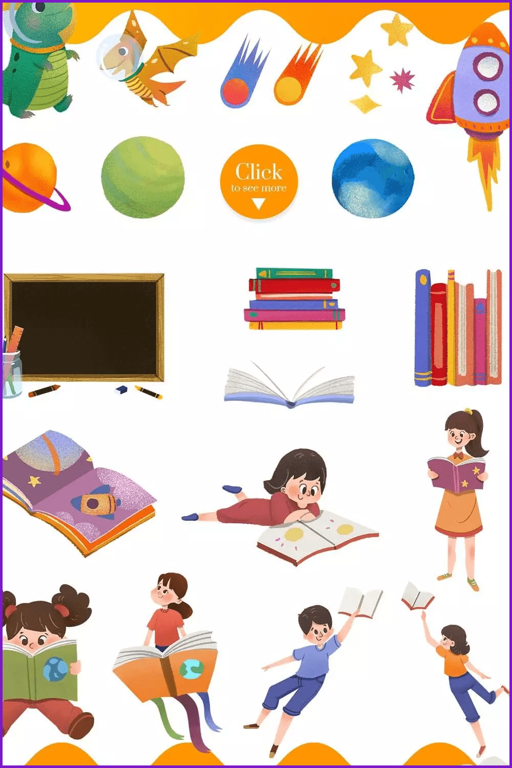 Collage of images of children with books.