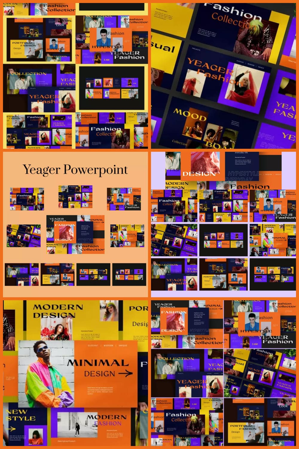 Collage of dozens of presentation pages in yellow and purple.