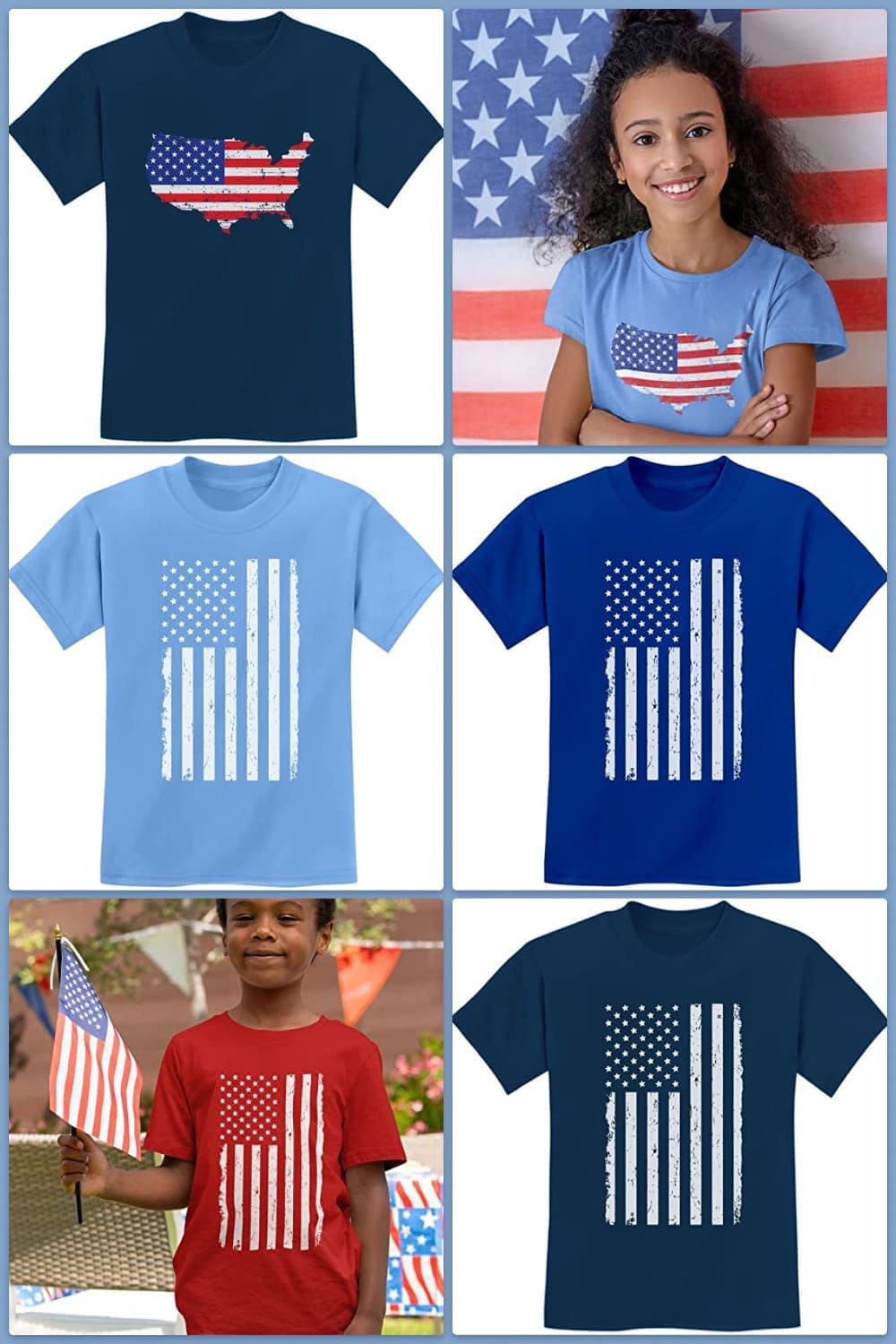 Collage of children's t-shirts with the American flag.