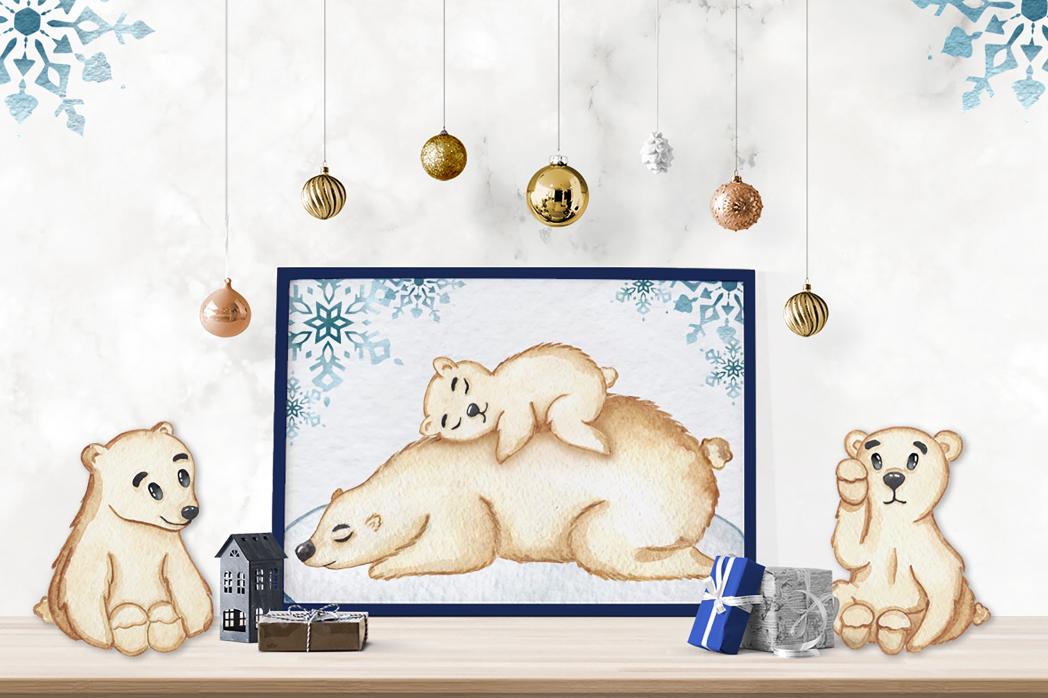 Full composition for winter illustration with white polar bears.