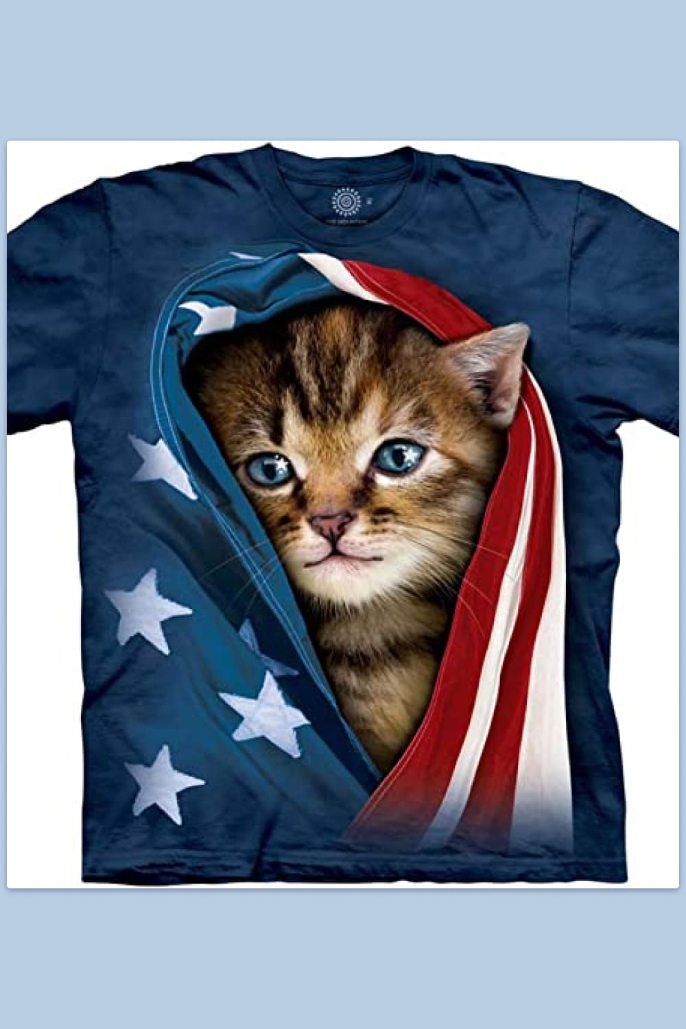Blue t-shirt with cute american flag kitten.