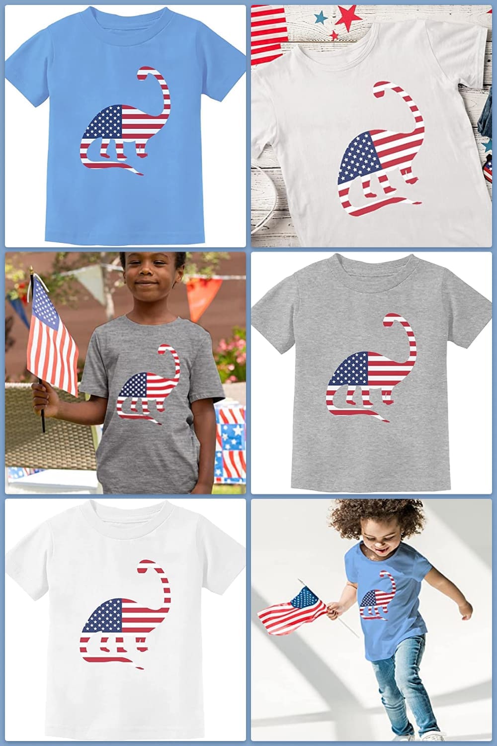 Collage of t-shirts with a dinosaur in the colors of the american flag.