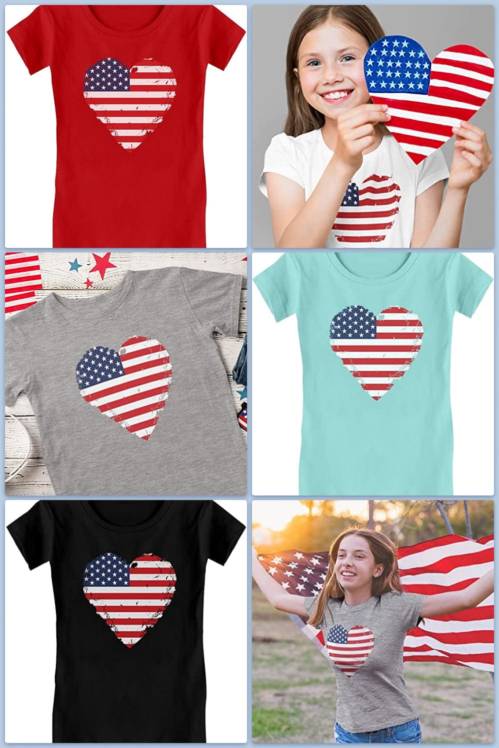 Collage of t-shirts with a heart in the colors of the american flag.