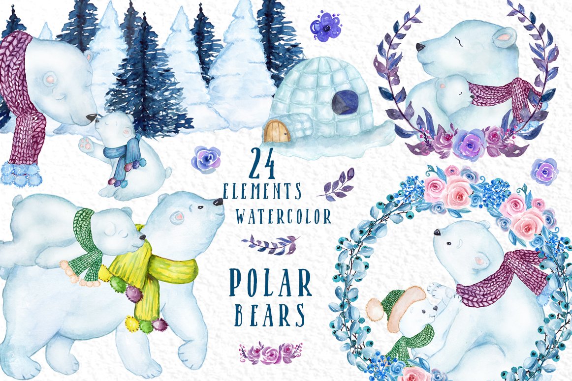 Watercolor animal life in North Pole.