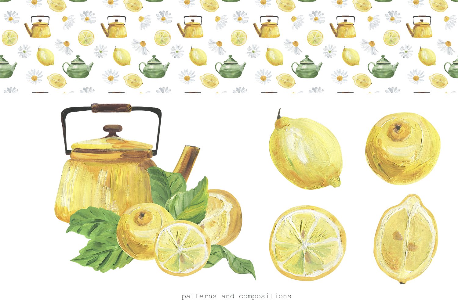 Classic watercolor teapot in yellow with lemon.