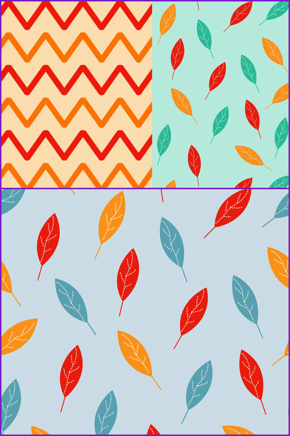 Red, green, and orange leaves on a mint and blue background.