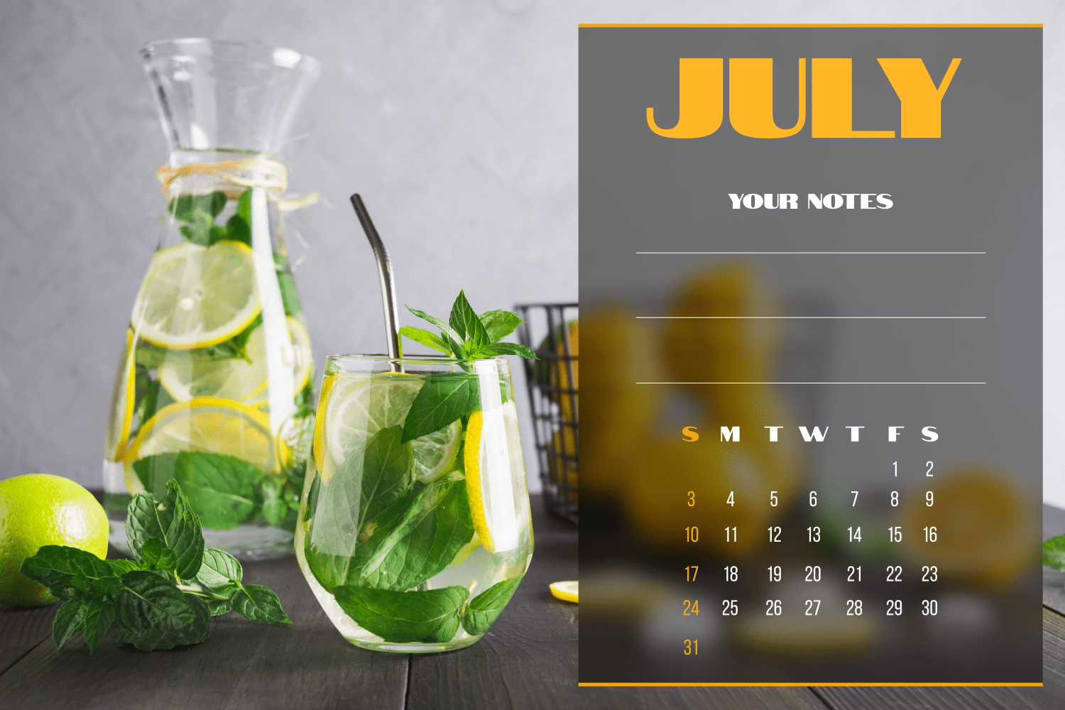 Calendar with a photo of mojito in a glass and in a jug on the table.