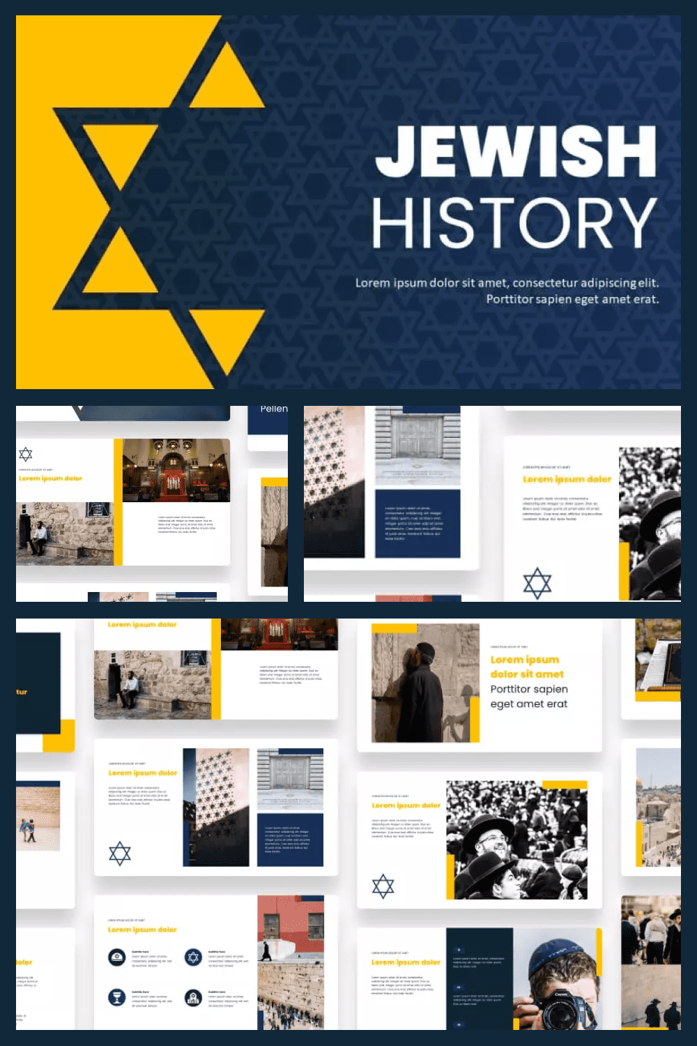 Collage of presentation pages in yellow tones on the theme of Judaism.