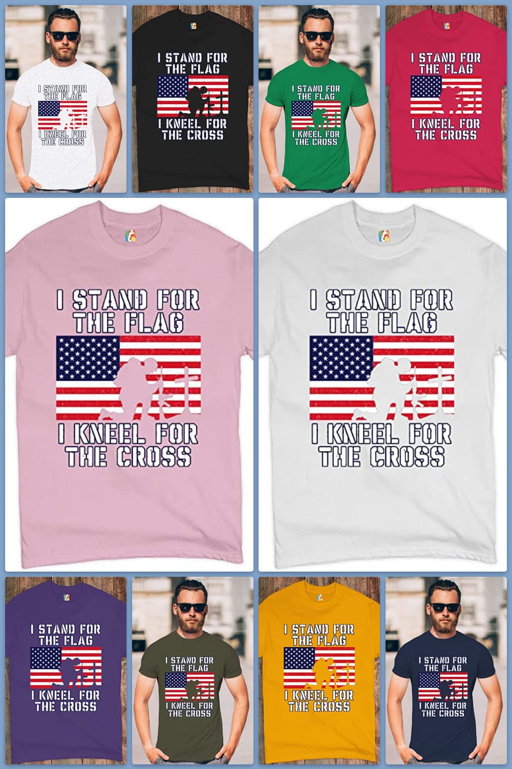 Collage of T-shirts with a soldier on his knee on the background of the flag.