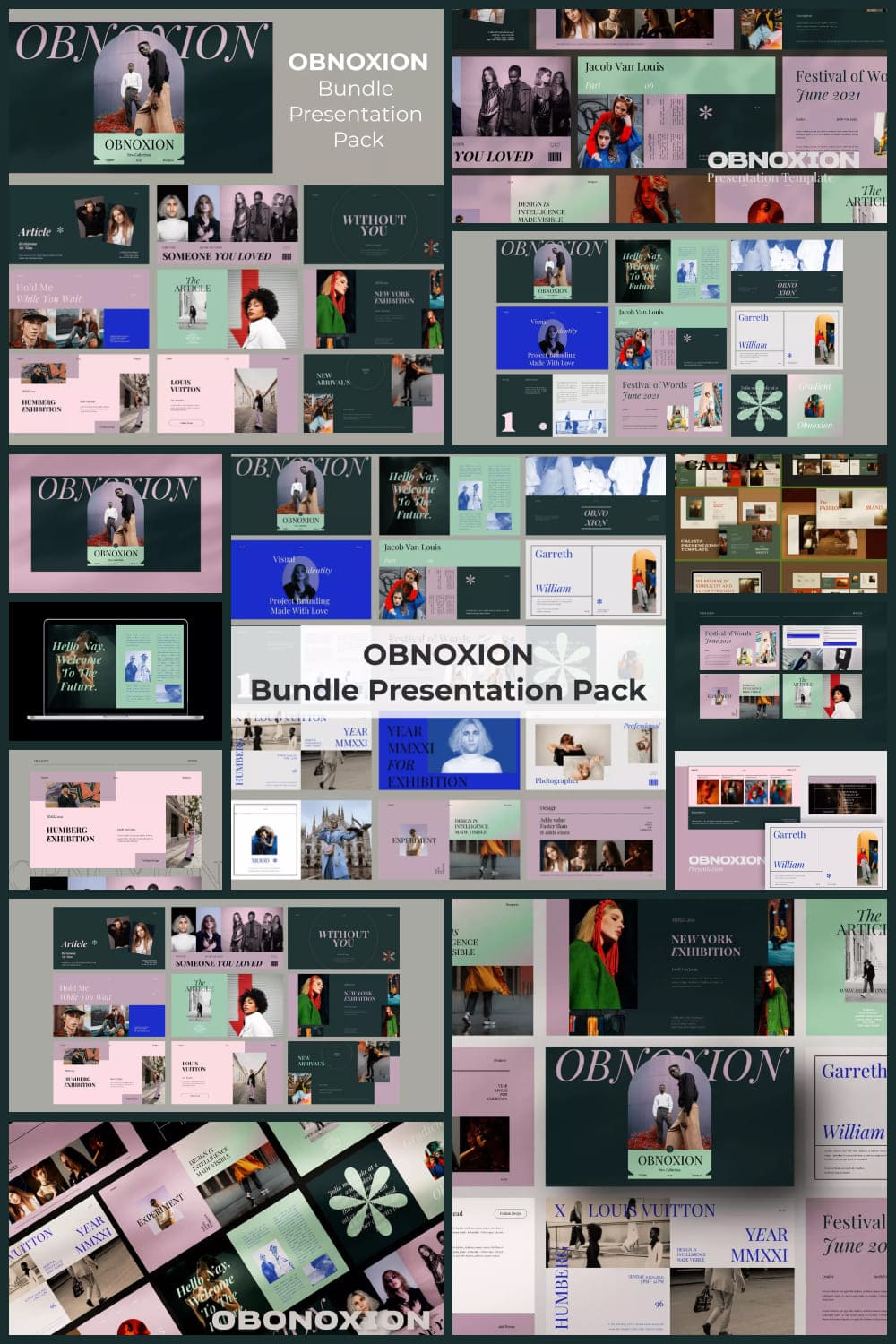 A collage of dozens of presentation pages in green, pink and black.