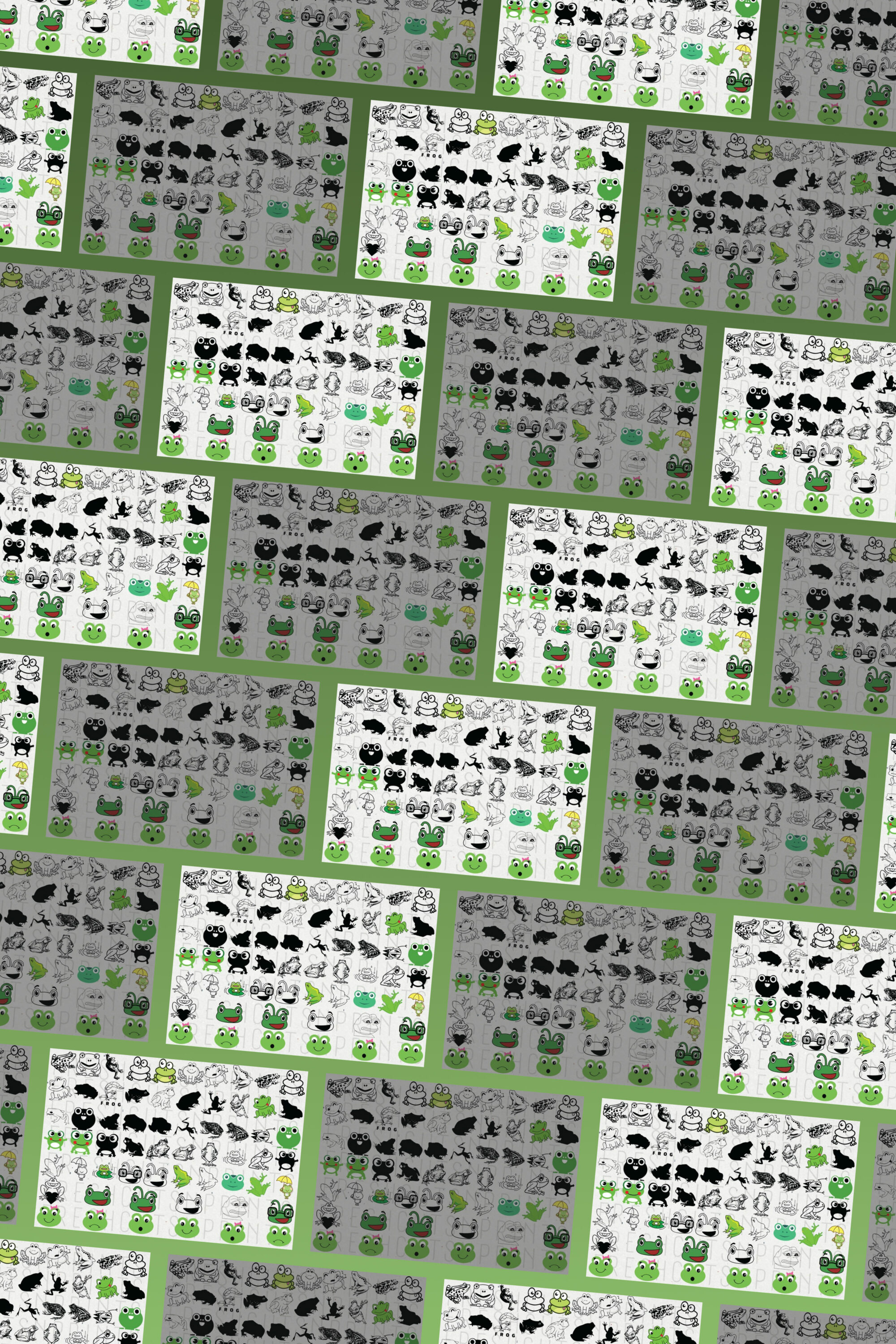 Green and white pattern with a lot of black and white objects.