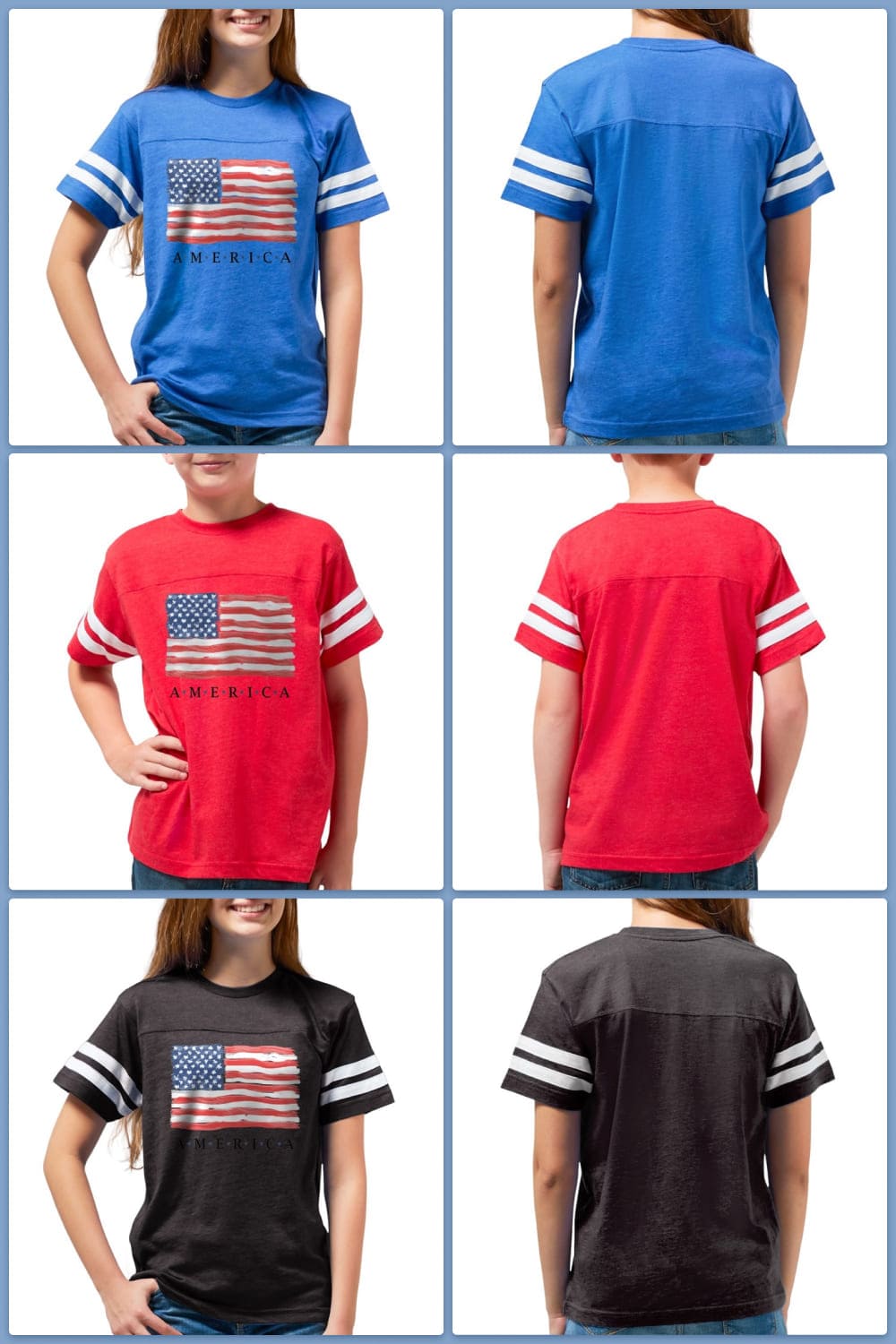 Collage of colorful t-shirts with USA flag.