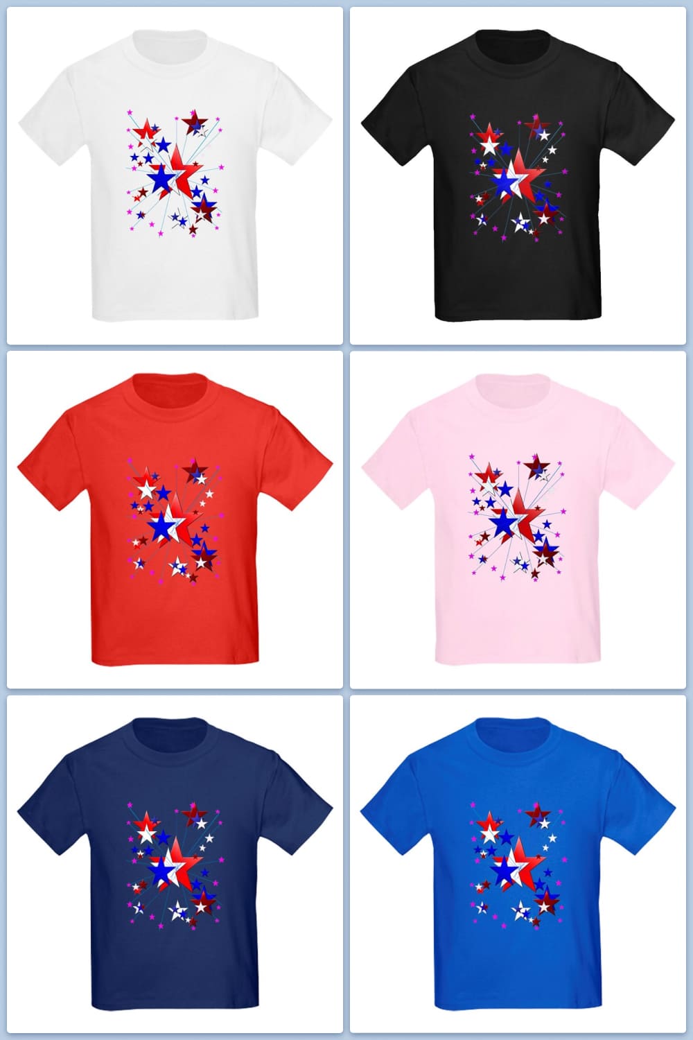 Collage of colorful t-shirts with colorful stars.