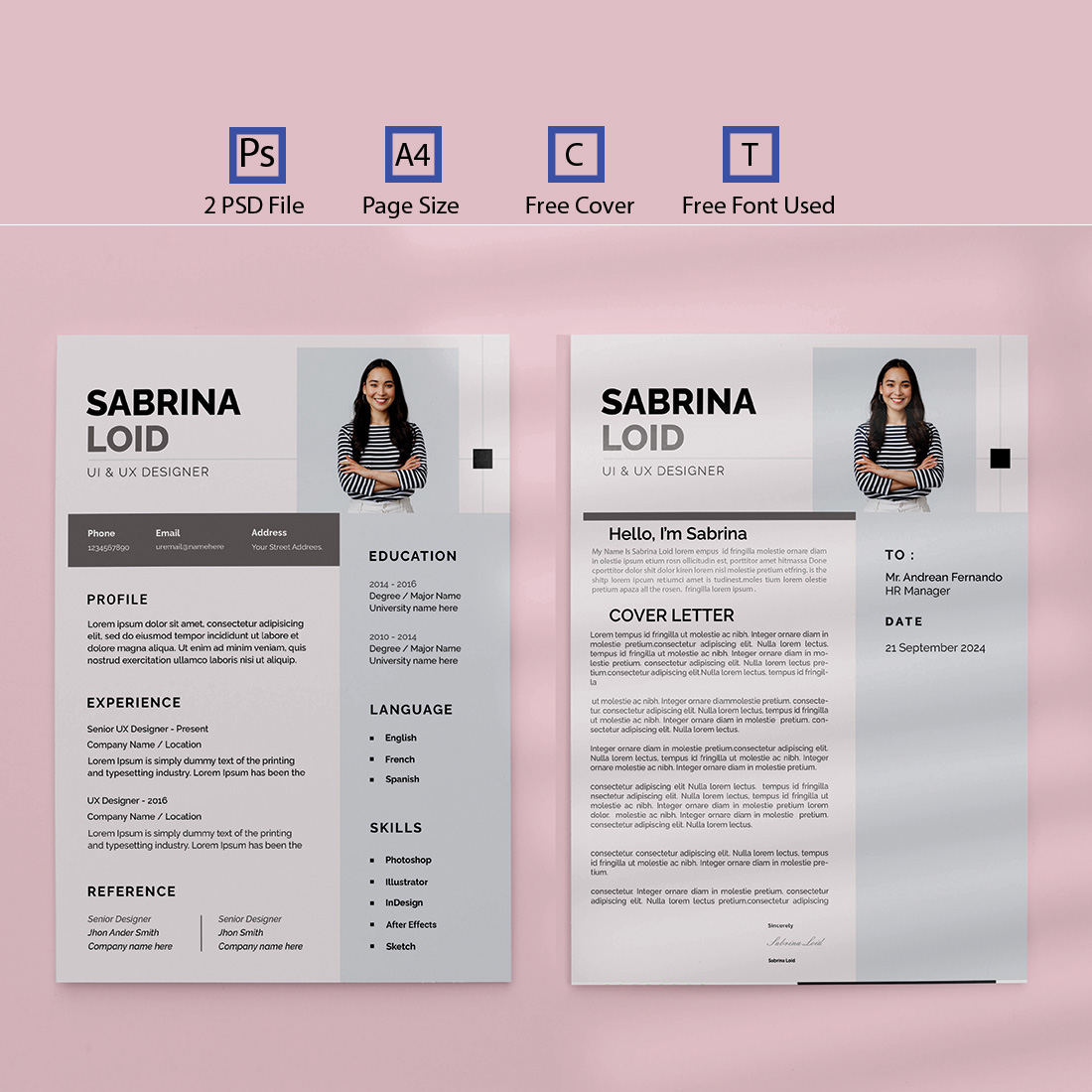 Two pages of a professional resume on a pink background.