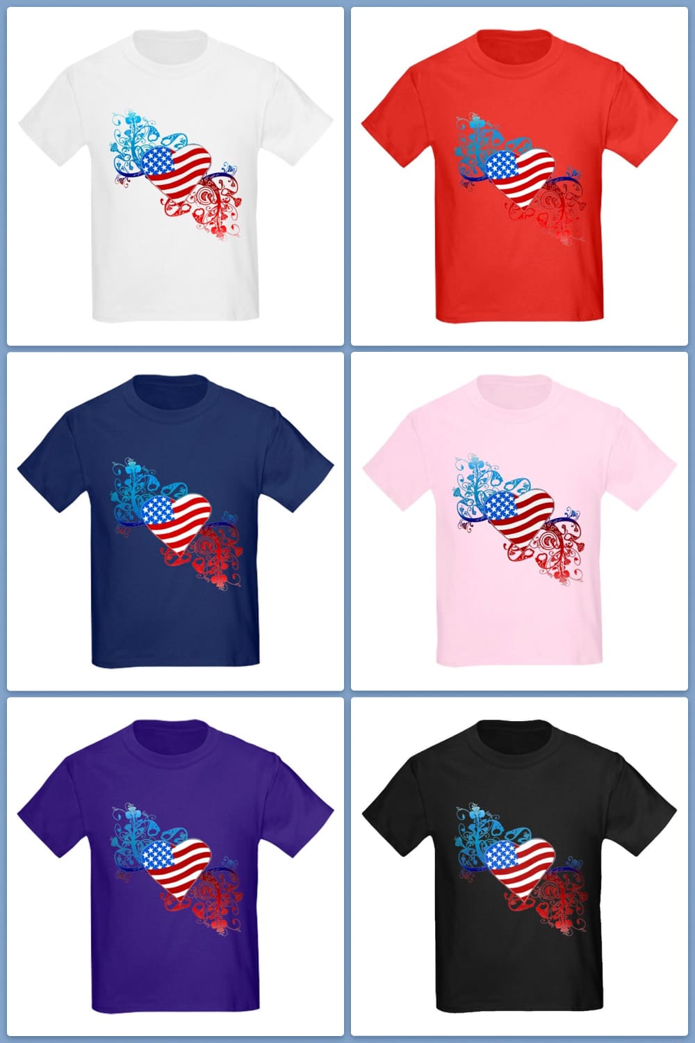 Collage of colorful t-shirts with a heart in USA colors.