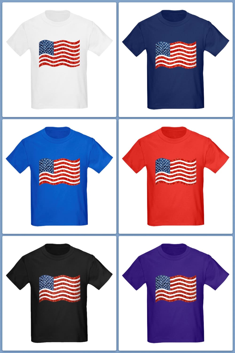 Collage of colorful t-shirts with wavy usa flag.