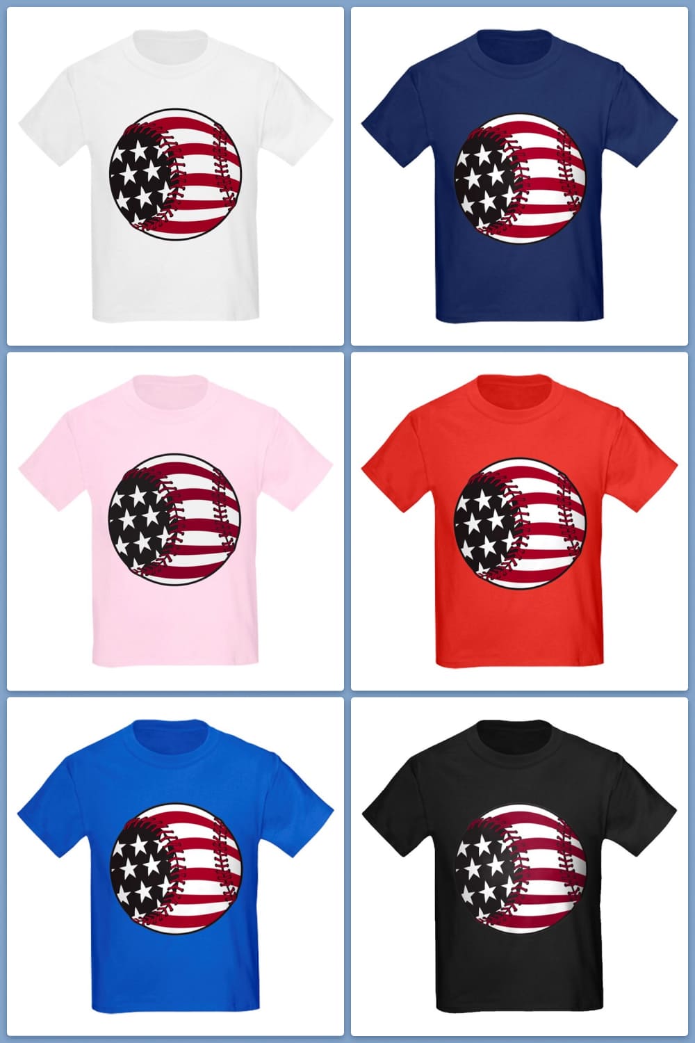 Collage of colorful t-shirts with colored baseball ball.