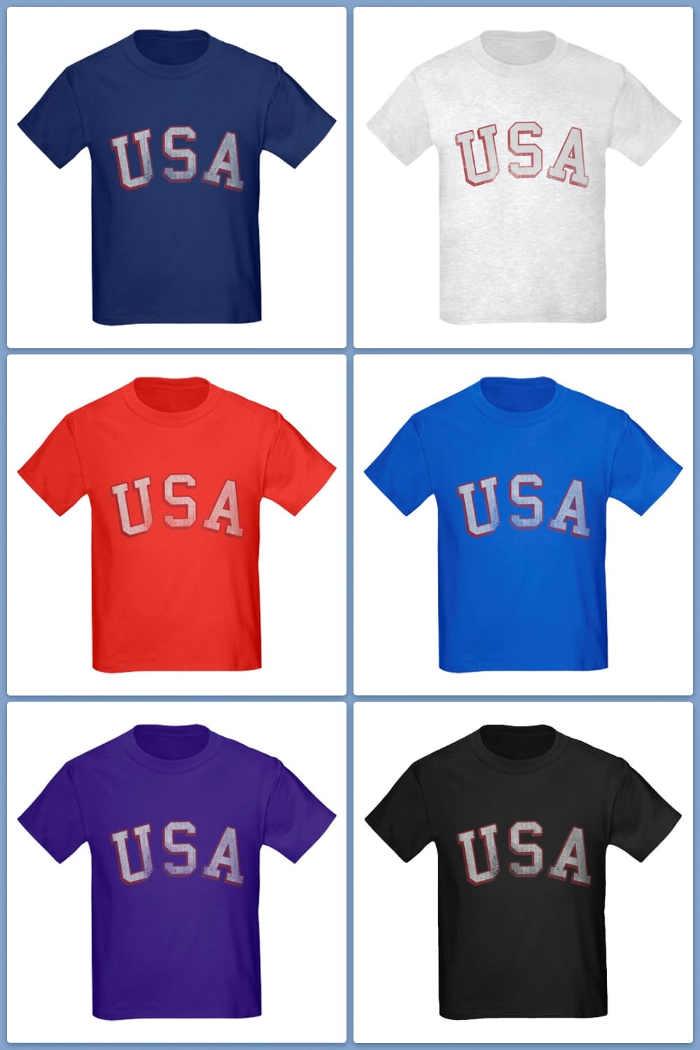 Collage of multi-colored T-shirts with the inscription USA.
