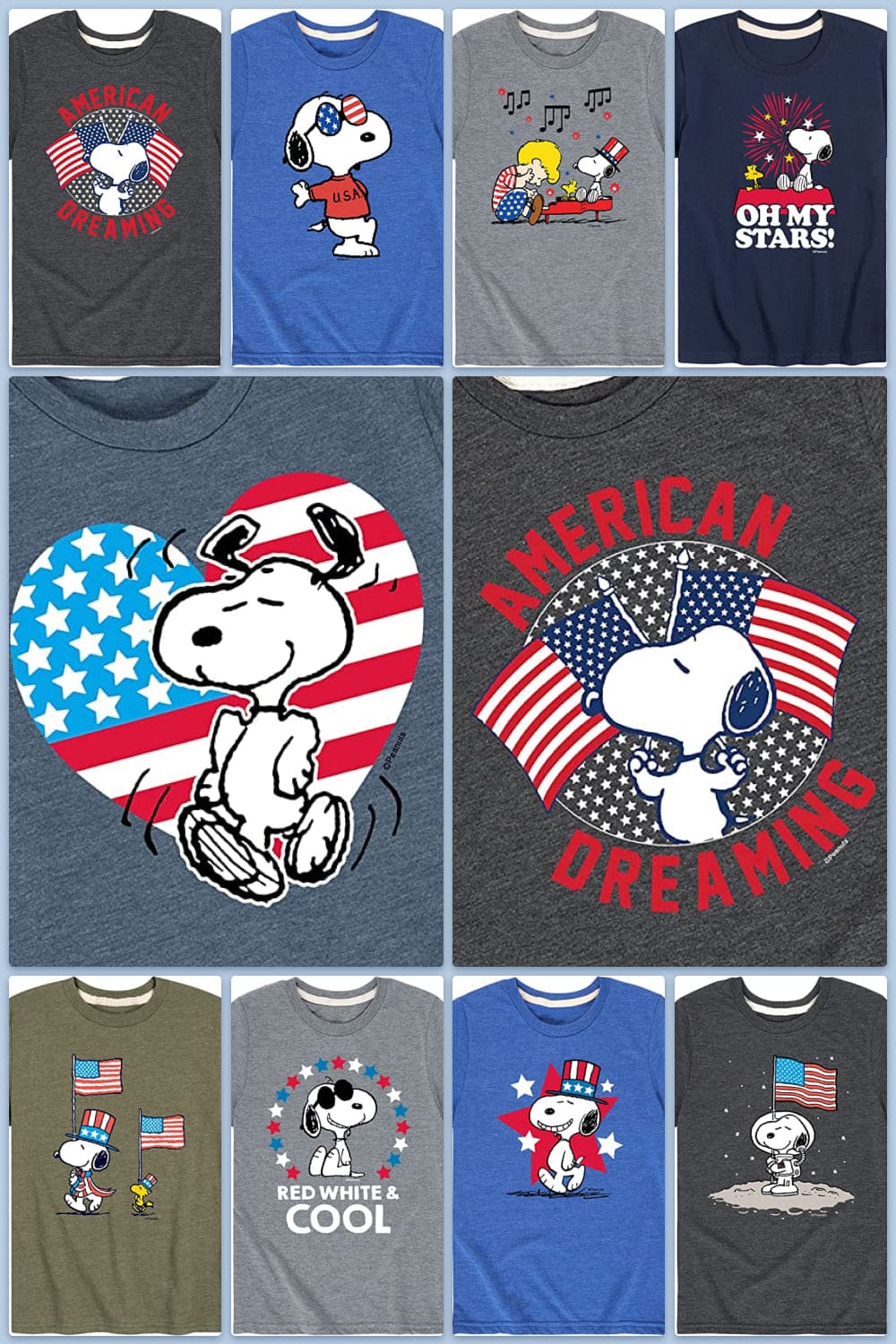Collage of multi-colored T-shirts with the Snoopy.