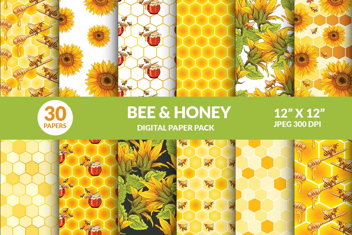 Cover image of Bee & Honey Digital Paper Pack.