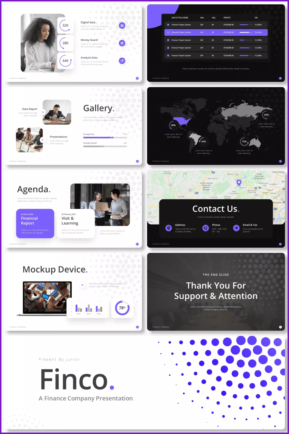 Collage of presentation pages with a contrasting white and purple scheme