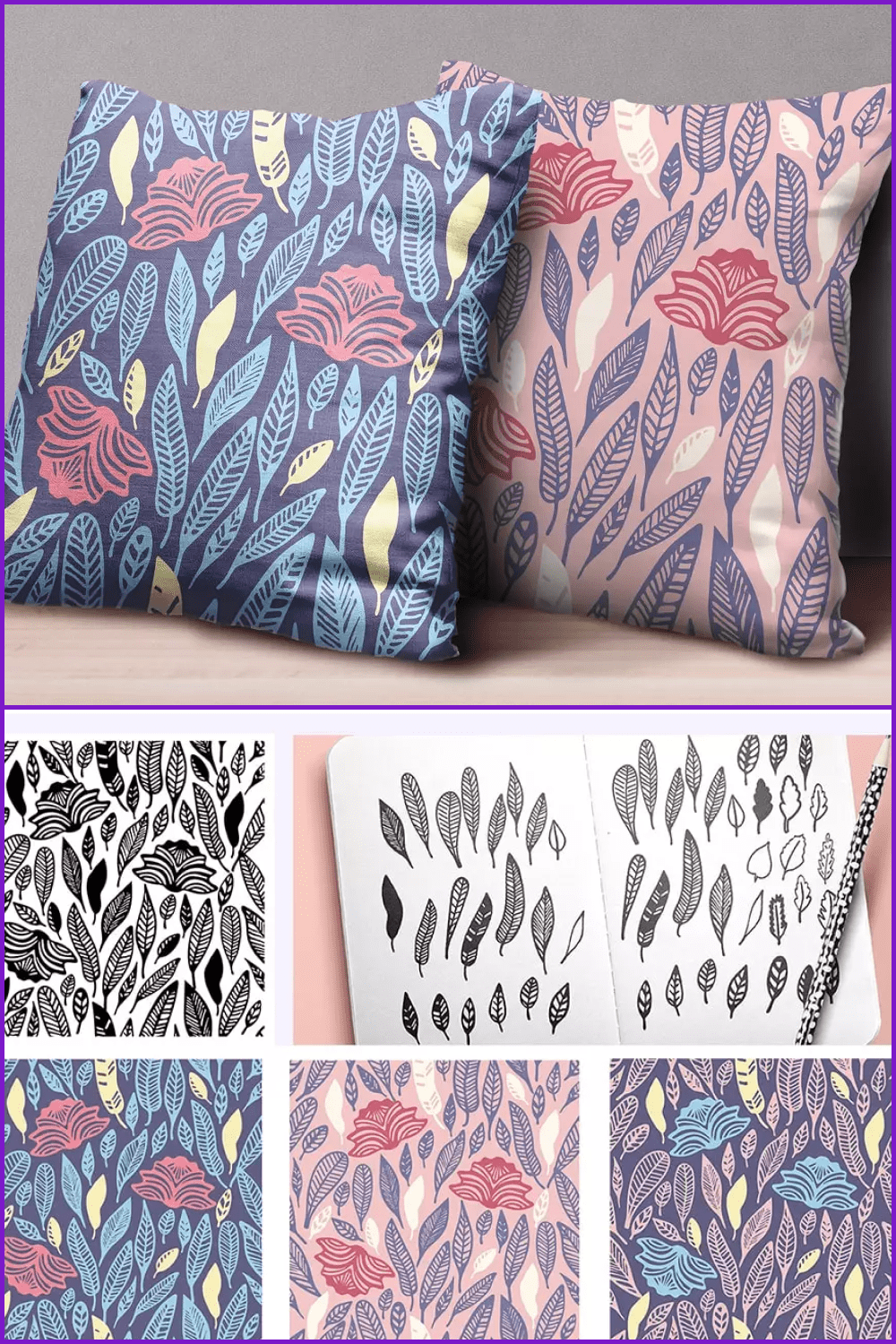 Leafs patterns in vintage style on a pillows.