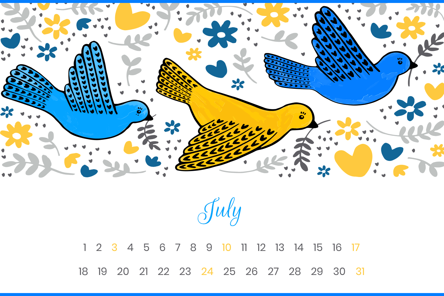 Calendar with painted blue and yellow doves.