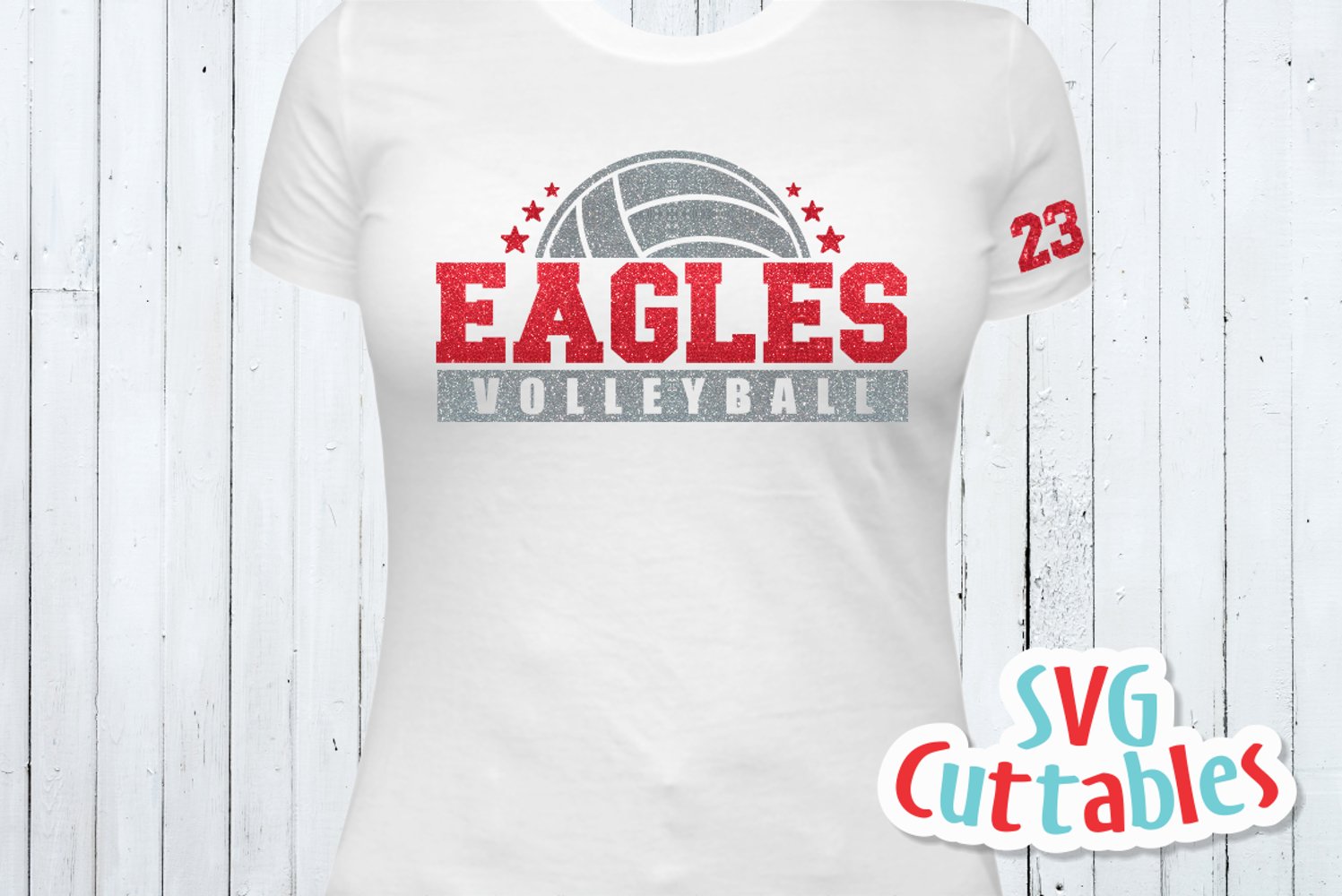 White t-shirt design for volleyball team.