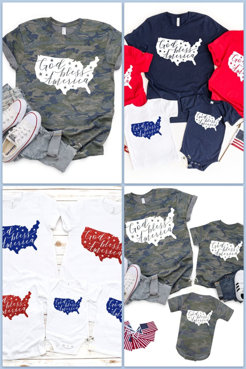 Collage of multi-colored t-shirts depicting the US map.