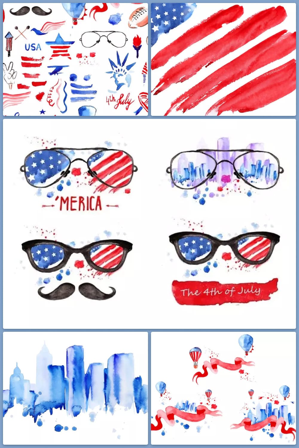 Collage with a different glasses, fireworks, USA flag style.