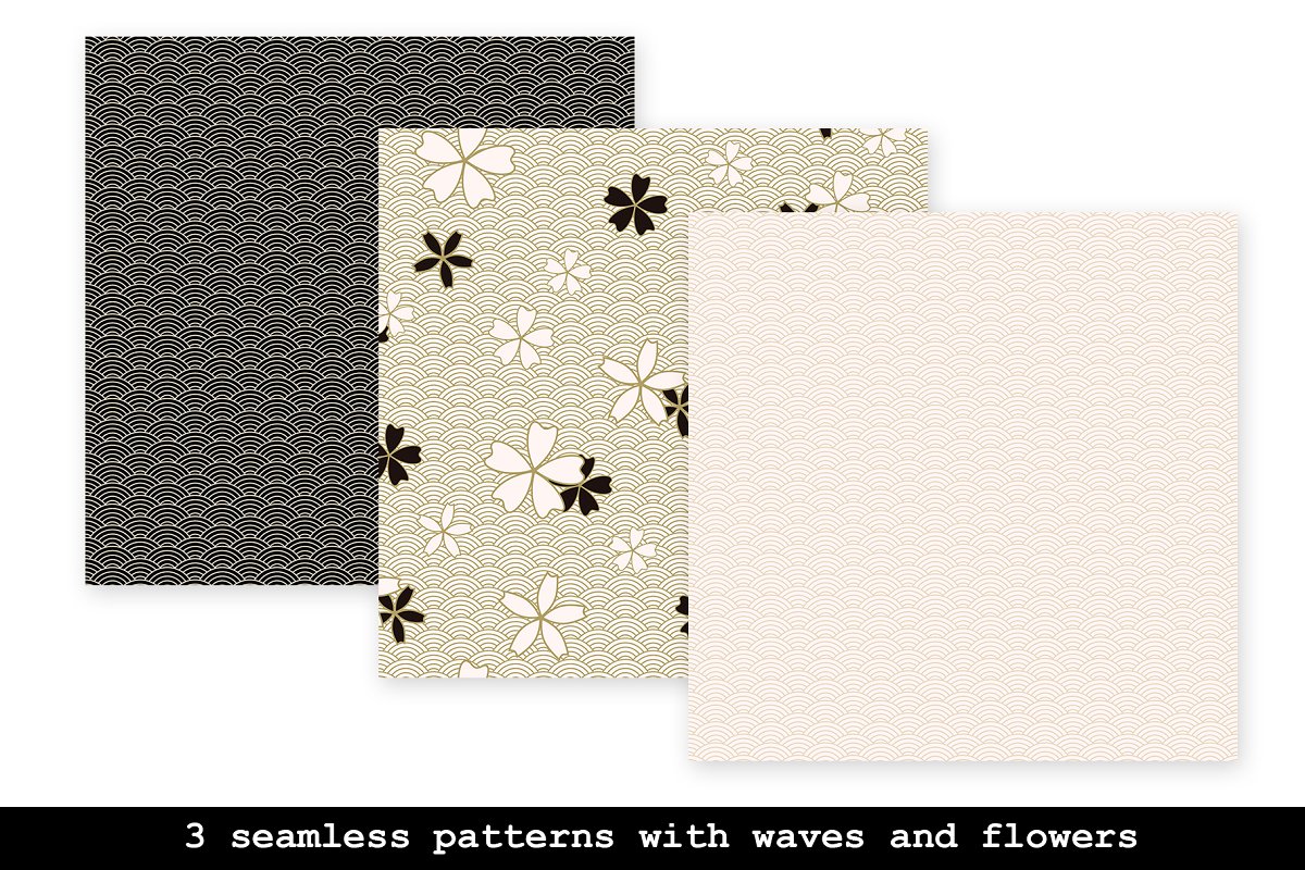 3 seamless pattens with waves and flowers.