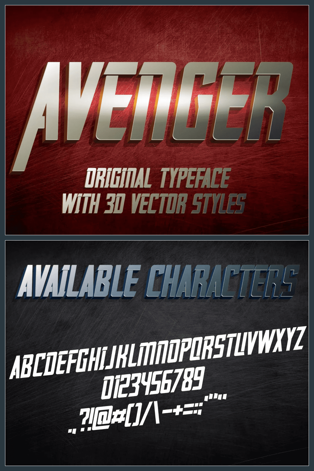 Letters in the style of the Avengers on a red and dark background.