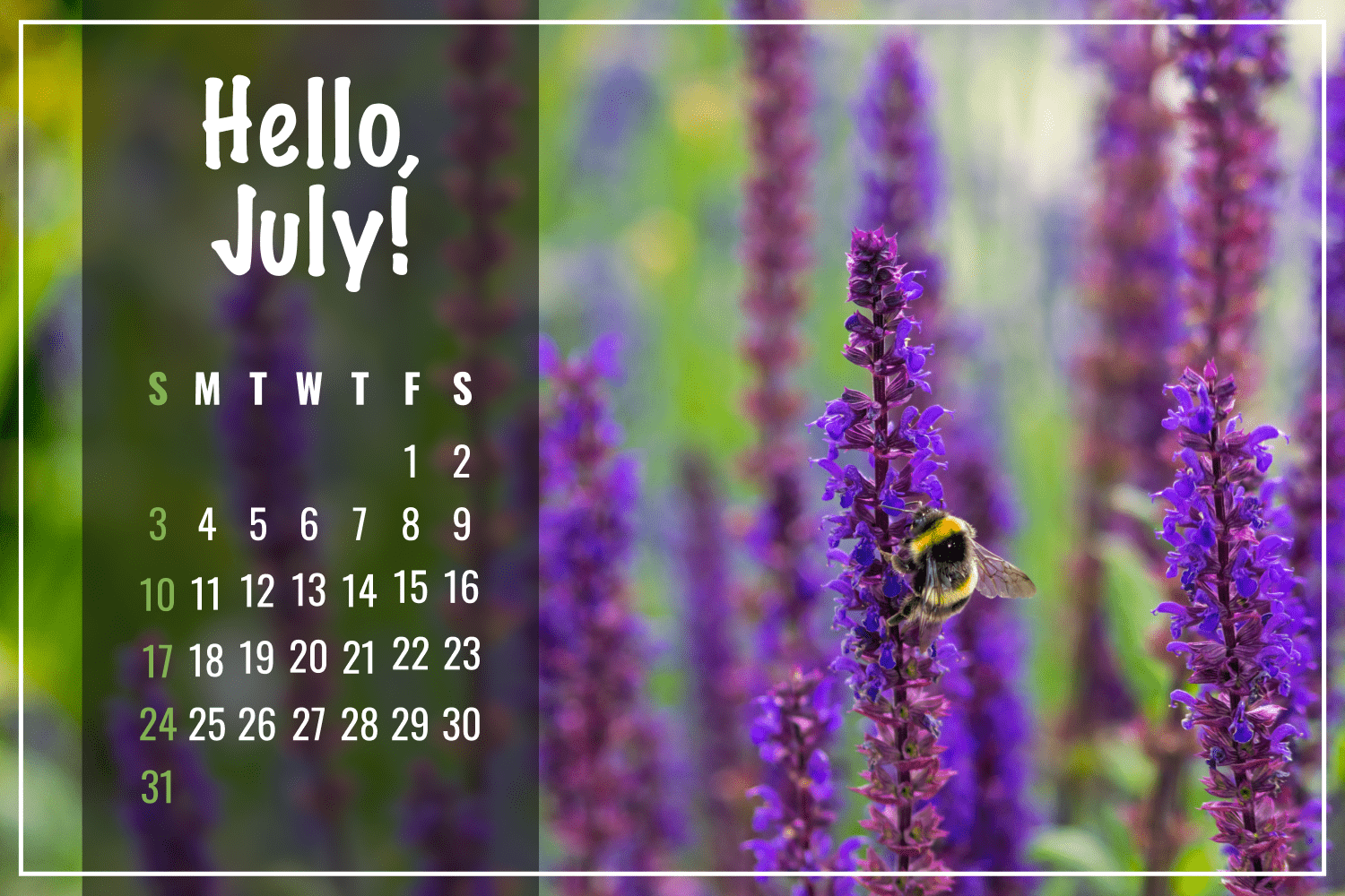 Calendar with purple flowers and a bee on them.