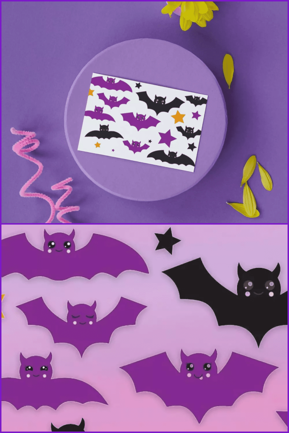 Purple and black bats on a pink and purple background.