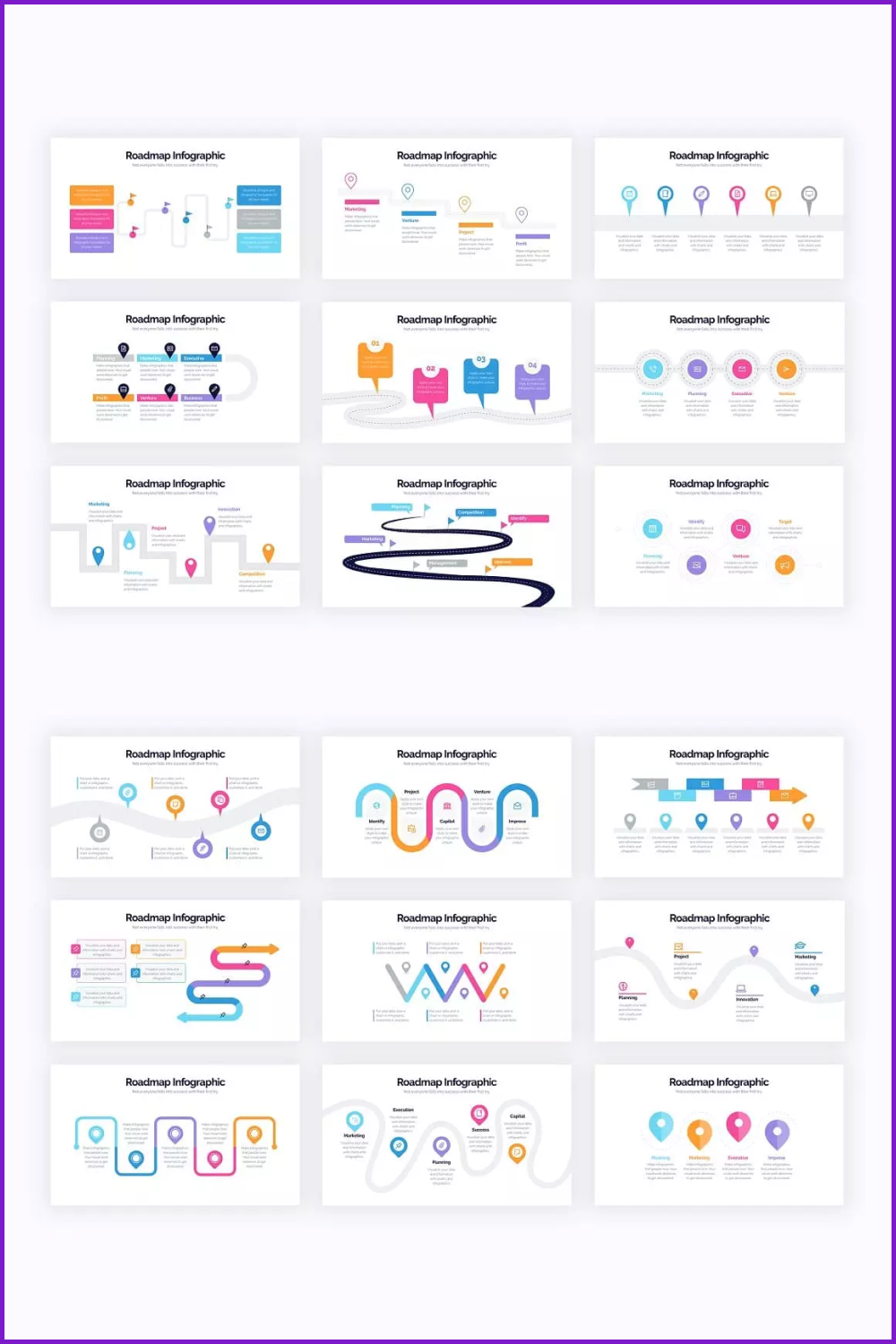 Presentation slides with colorful infographics