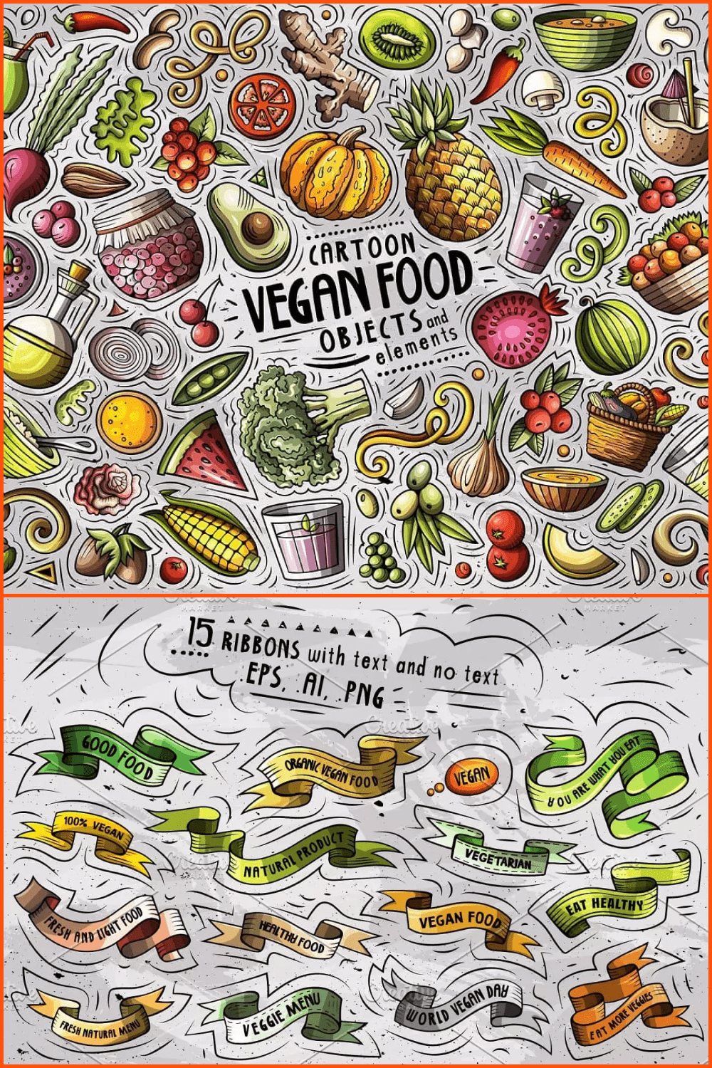 Cartoon vegan food and signs.