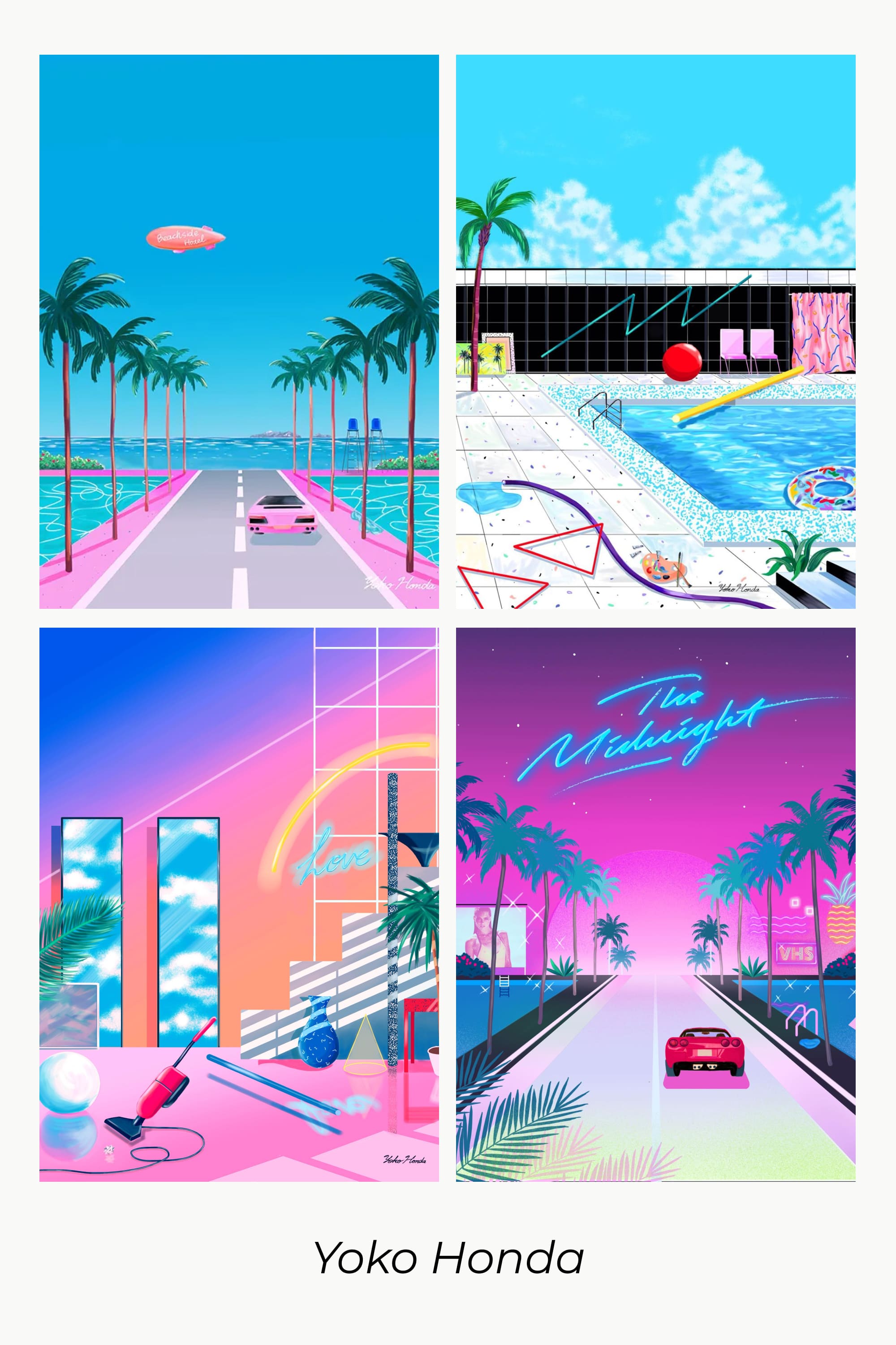 Collage of images in pink miami disco style.