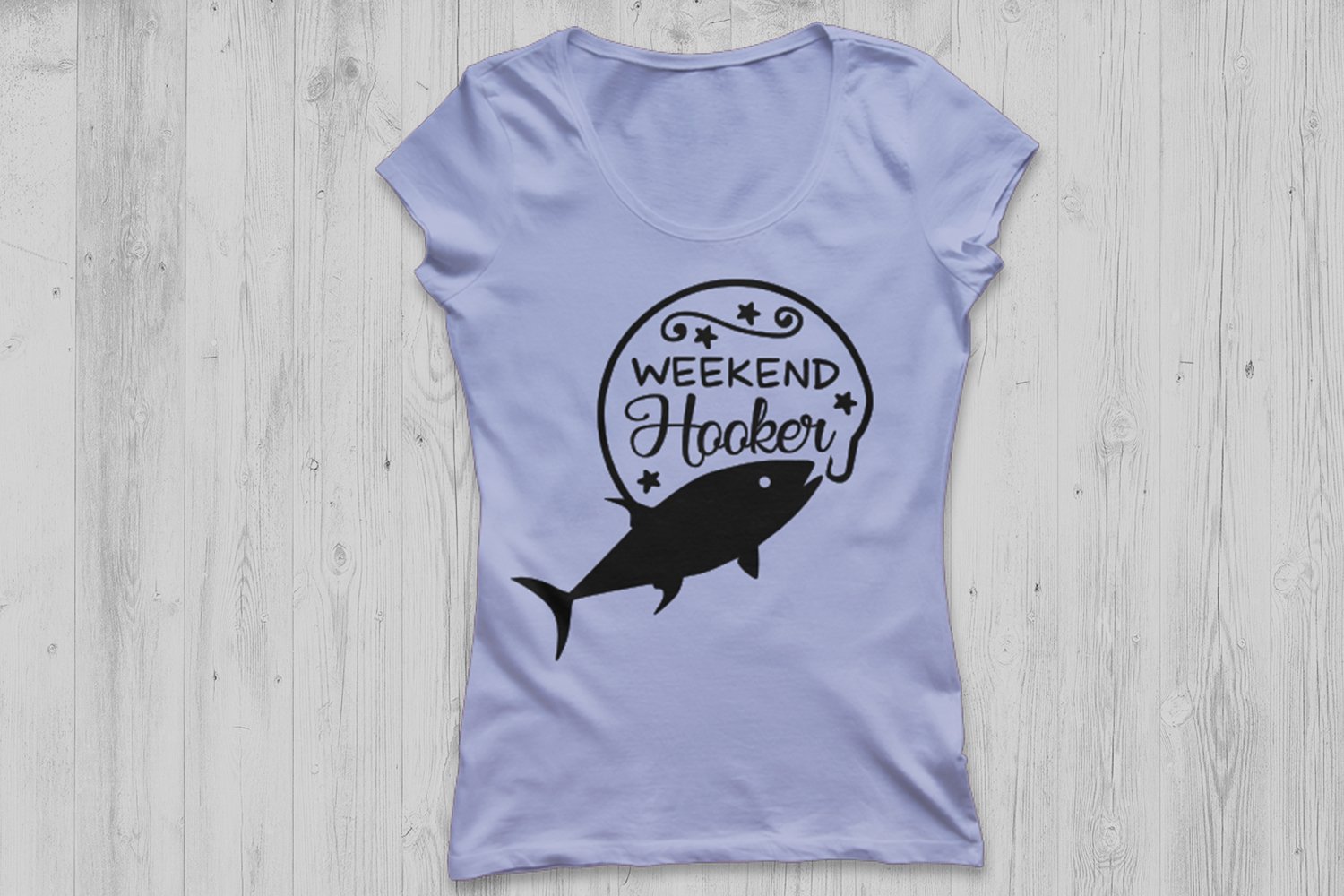 Purple t-shirt with the fish with phrase.