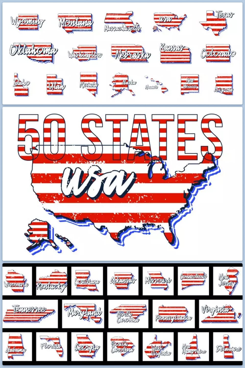 Collage of images of 50 states of America.