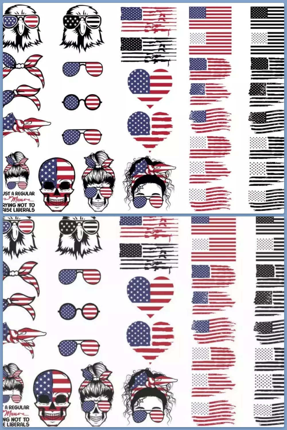 Flags, eyeglasses, stylish eagles, and American flag style characters-.