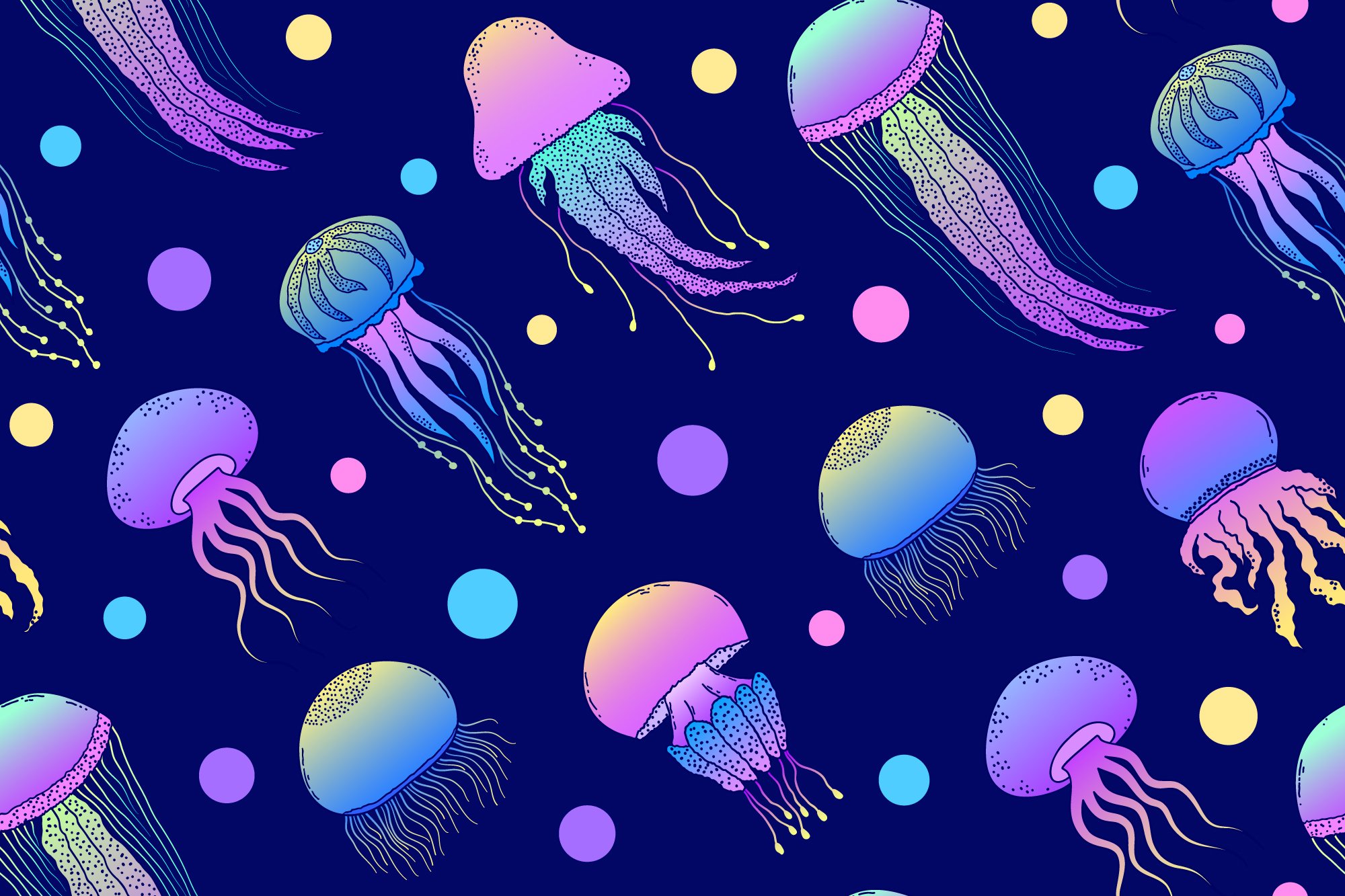 So colorful jellyfidhes in the purple background.
