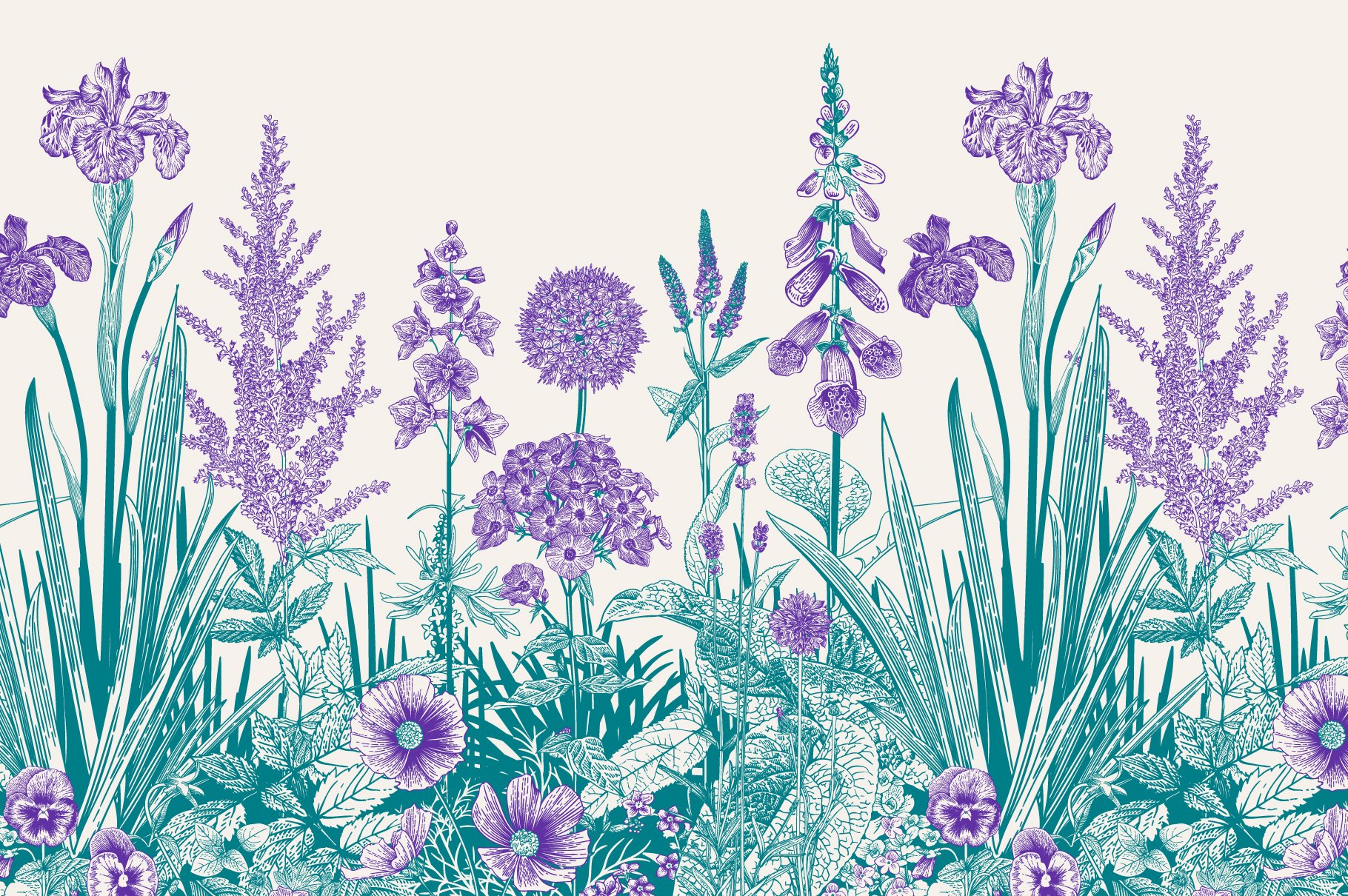 Full composition with purple flowers.