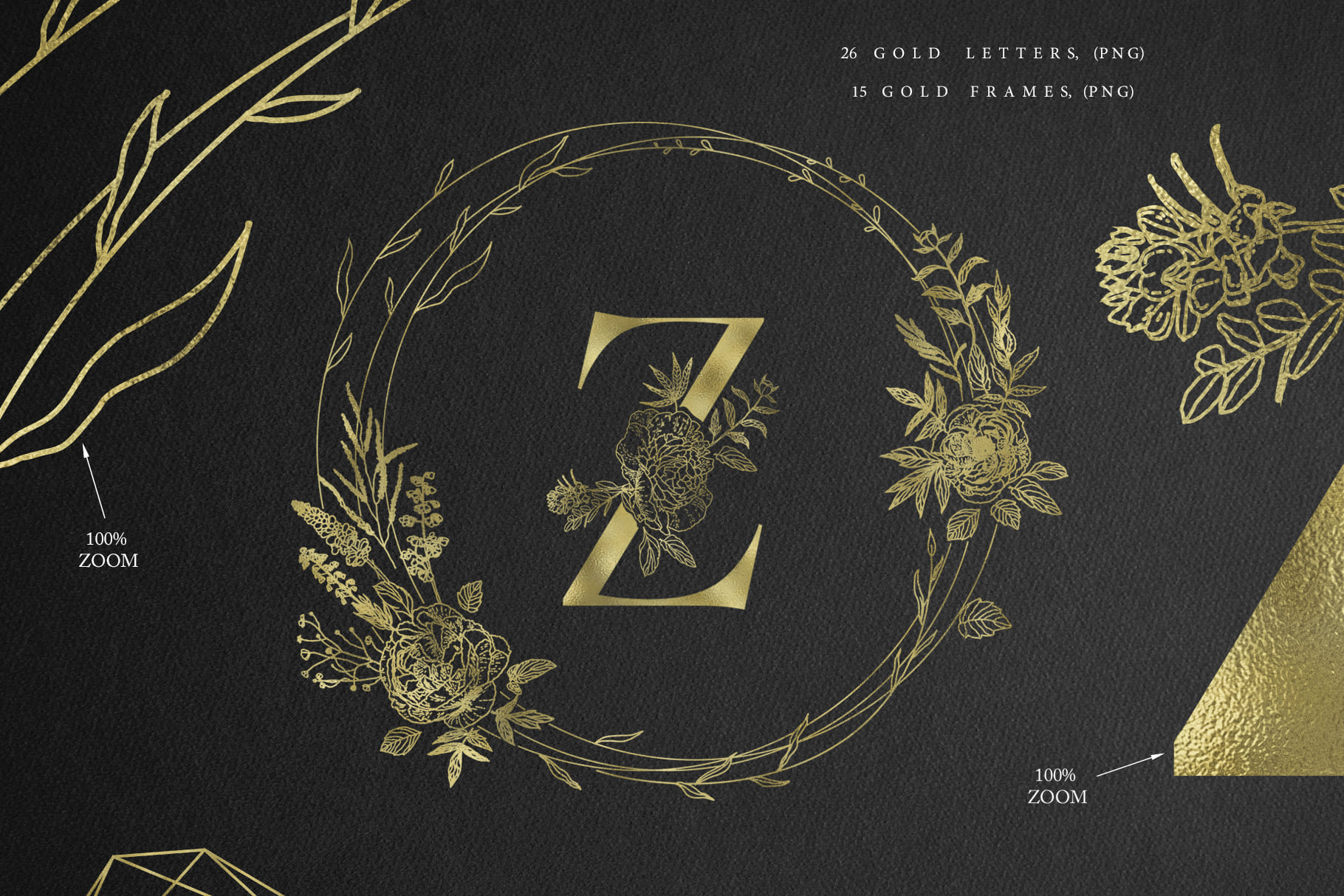Luxury gold letter around the wreath and flowers.