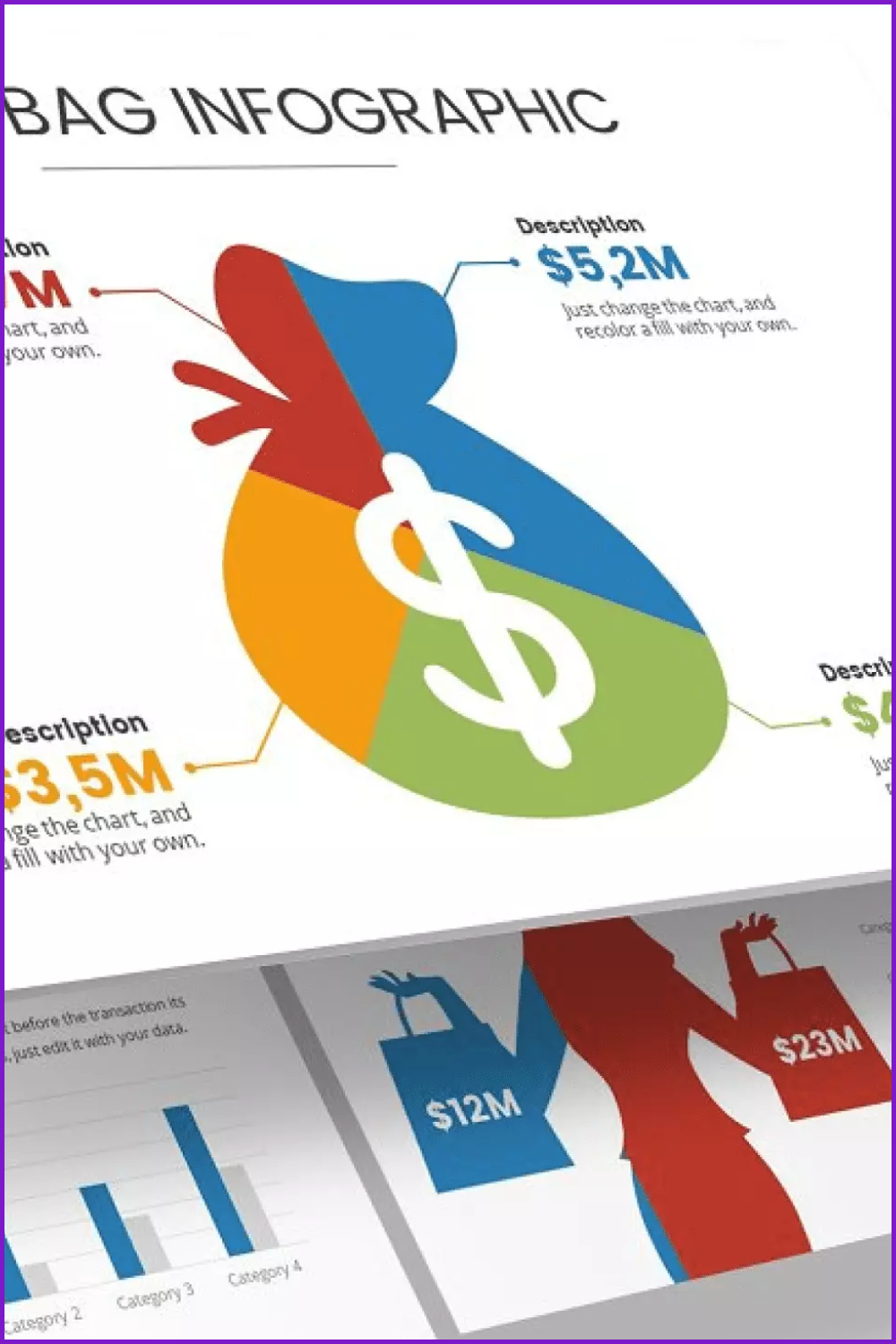 Presentation slides with color infographics on the topic of finance