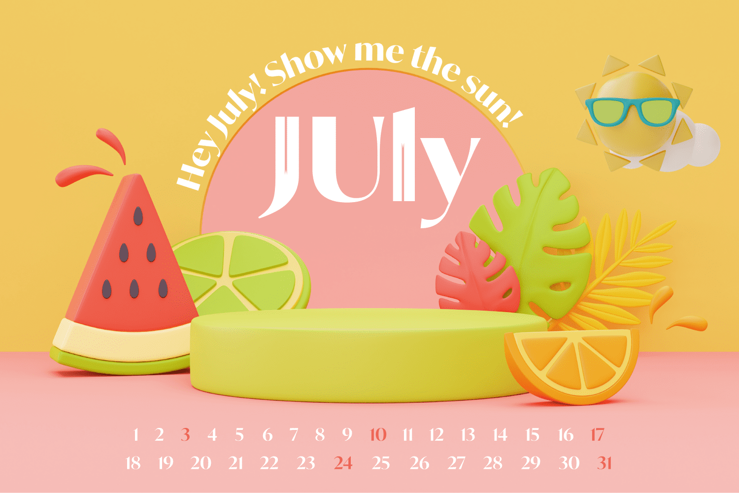 Calendar with drawn slices of watermelon, lemon, orange.
