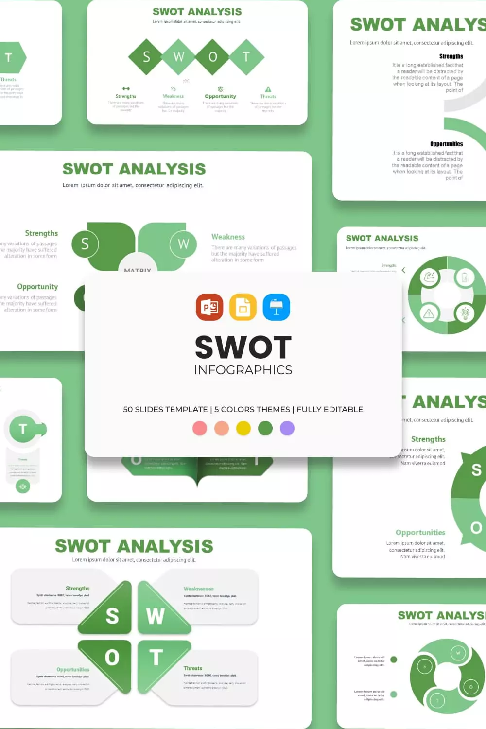 Collage of presentation pages with large green infographics.