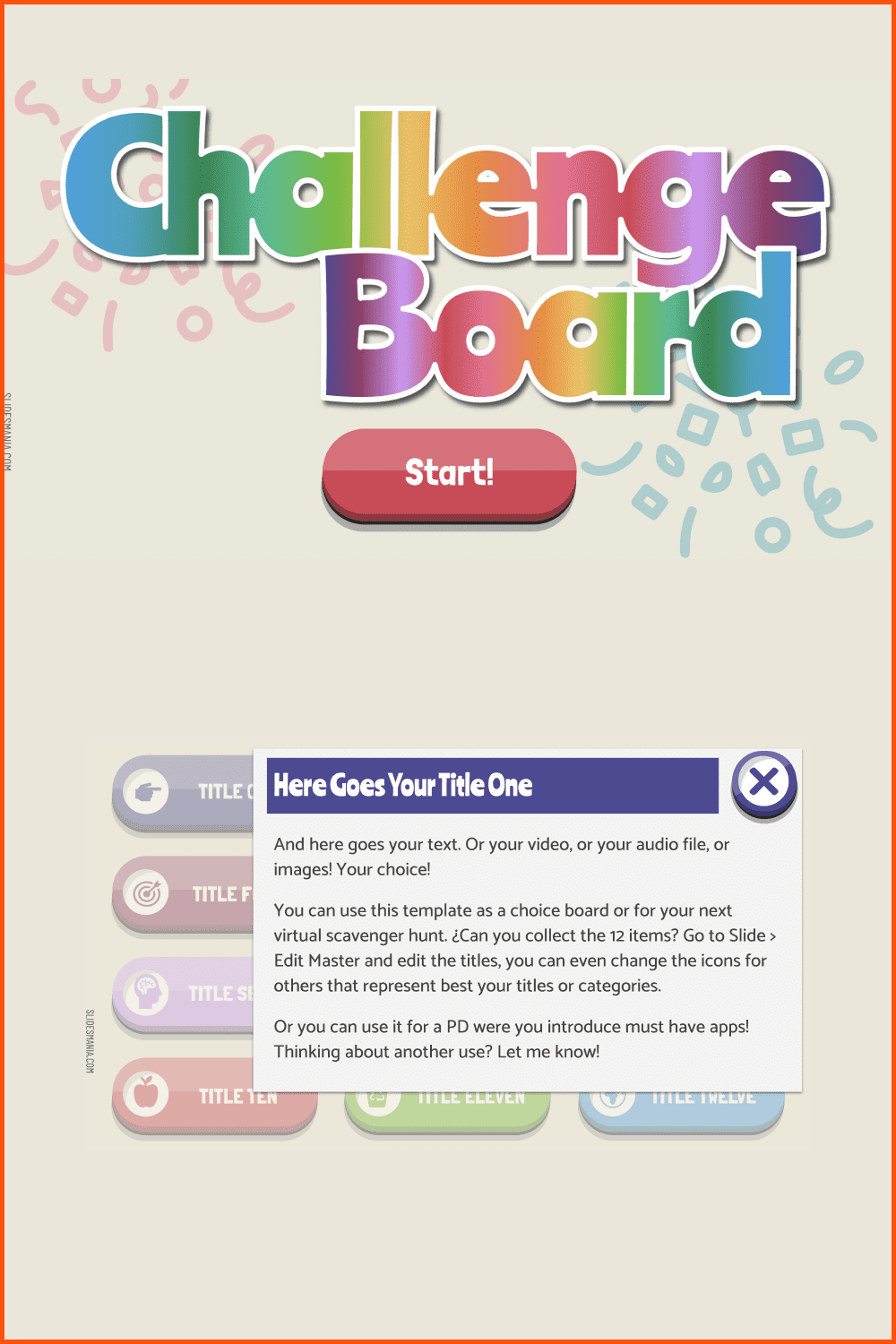 Party Challenge Board an Interactive Template for Google Slides or PowerPoint. Fun Google Slides Theme.