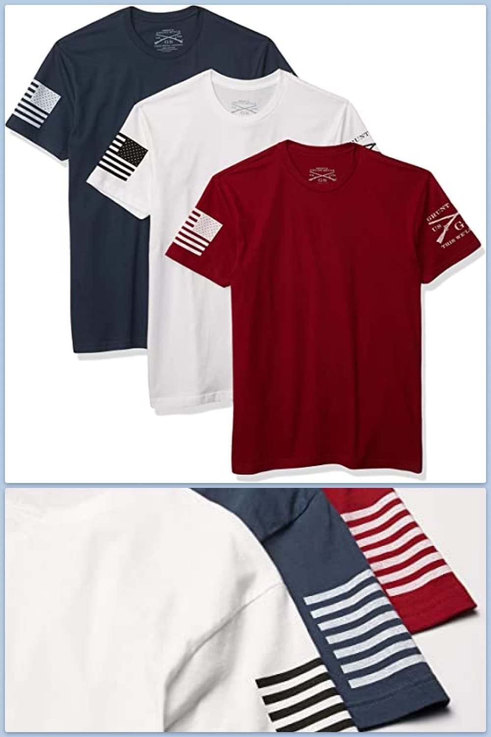 Black, white and red t-shirts with a flag on the sleeve.
