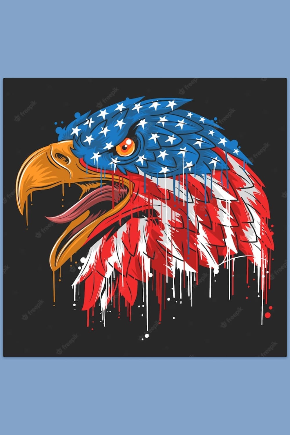 Drawing of an eagle's head in the colors of the American flag.